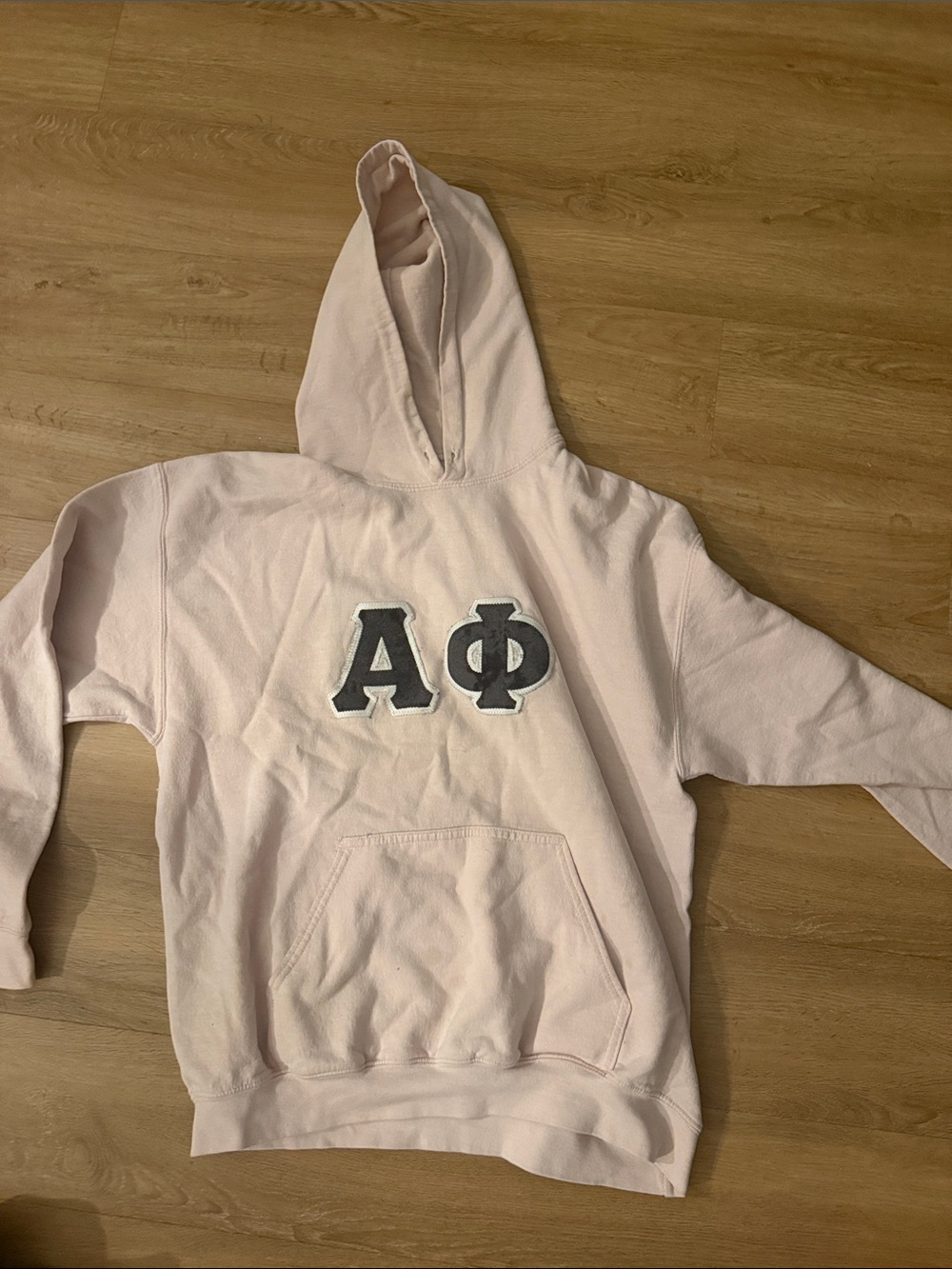 Light Pink Greek Letter Hoodie with Dark Gray Appliqué Aphi Alpha Phi